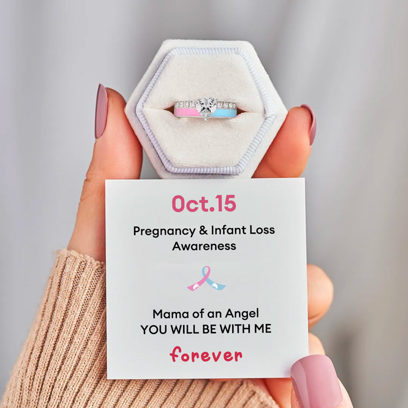 S925 Mama of an Angel Pink & Blue Enamel Heart Ring
