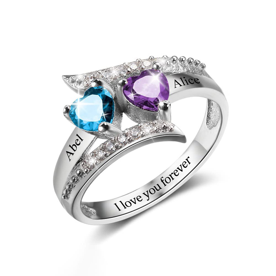 I Love You Forever-Personalized Promise Heart Birthstones Sterling Silver Ring