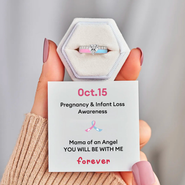 S925 Mama of an Angel Pink & Blue Enamel Heart Ring