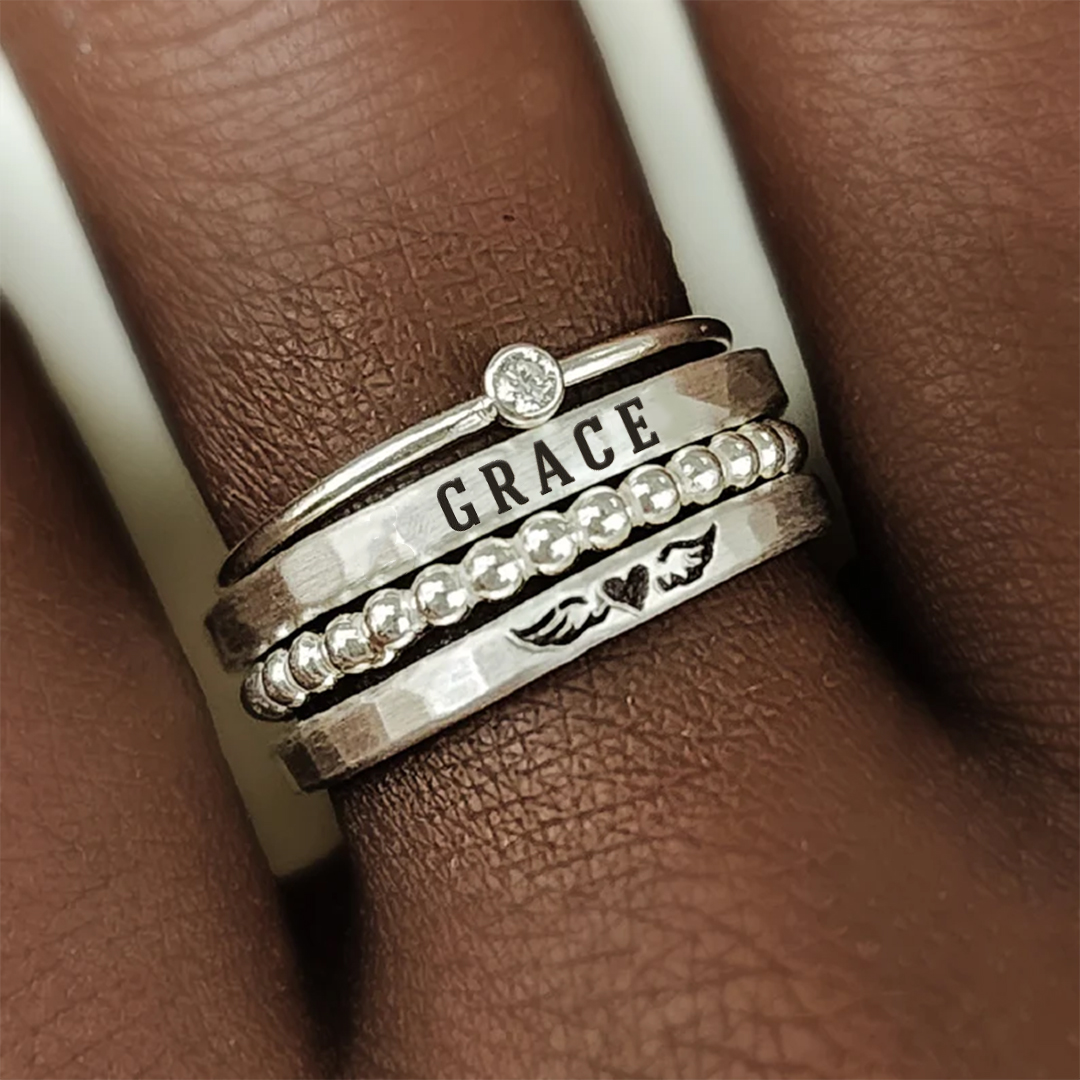 For Memorial - S925 Missing You Always Custom Name Stacked Ring - 4 Rings Set