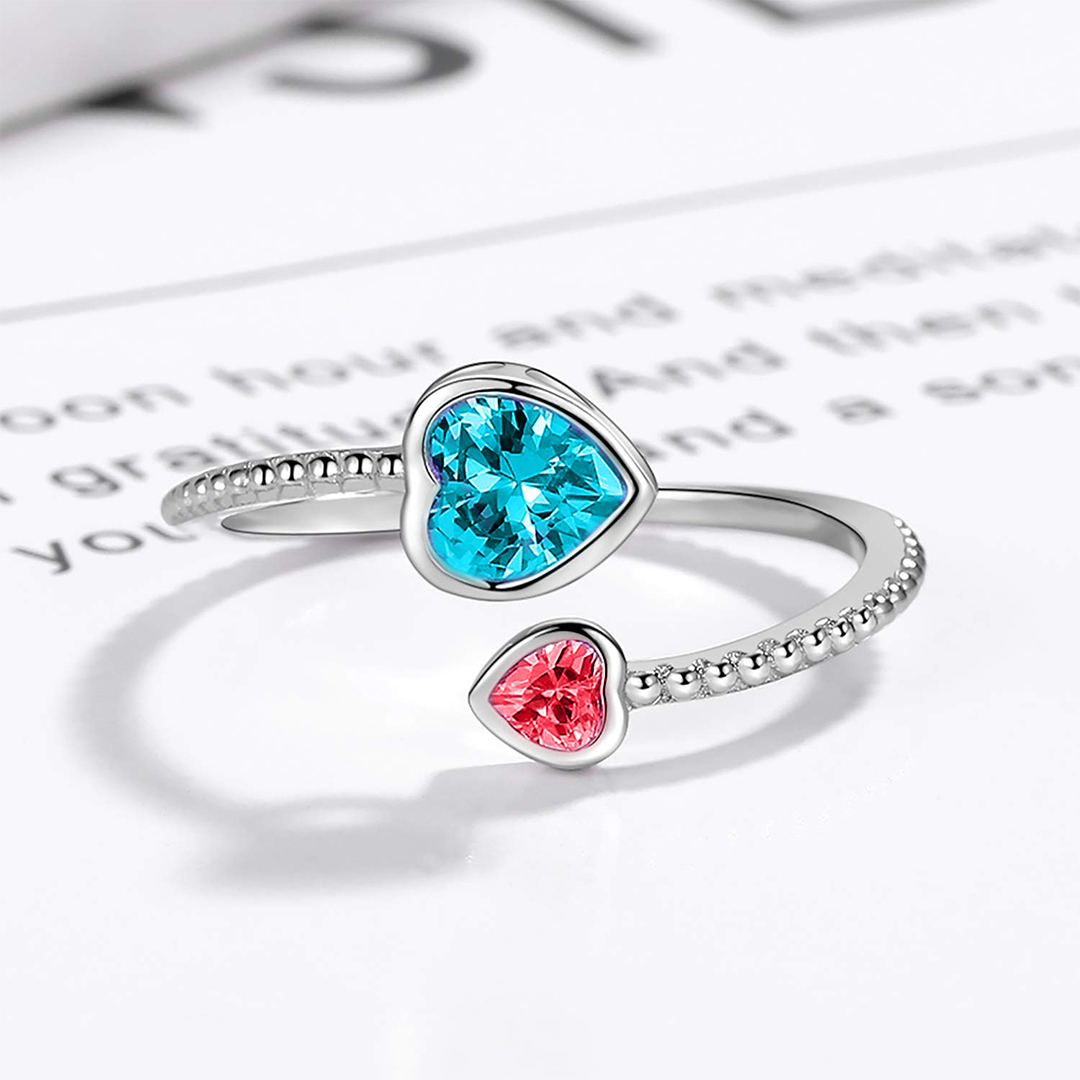 For Daughter - S925 Big Heart and Little Heart Birthstone Custom Ring