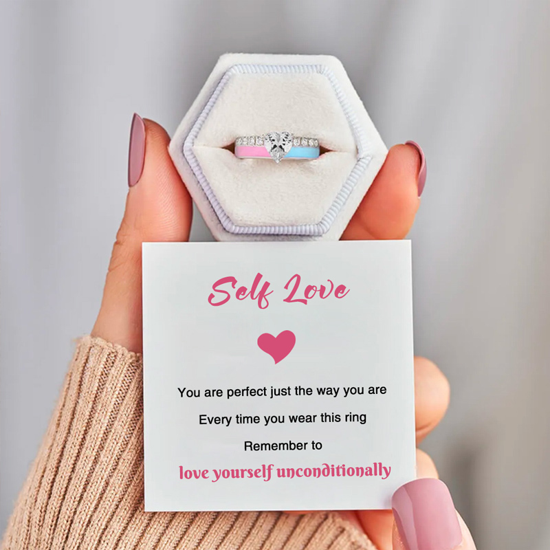 For Self - S925 Love Yourself Unconditionally Pink & Blue Drip Glaze Heart Ring