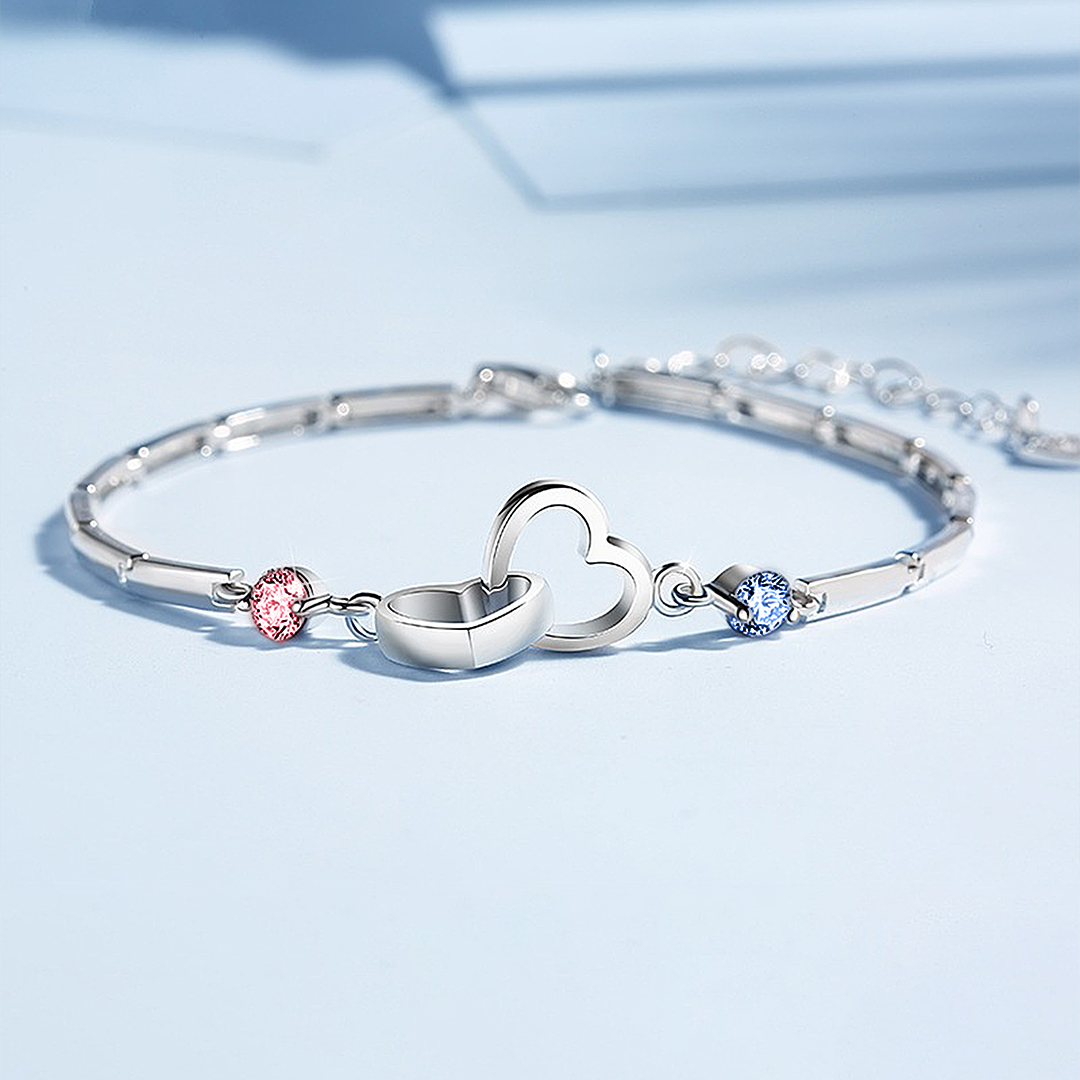 S925 Mother & Daughter Forever Linked Together Birthstone Custom Double Diamond Double Heart Bracelet