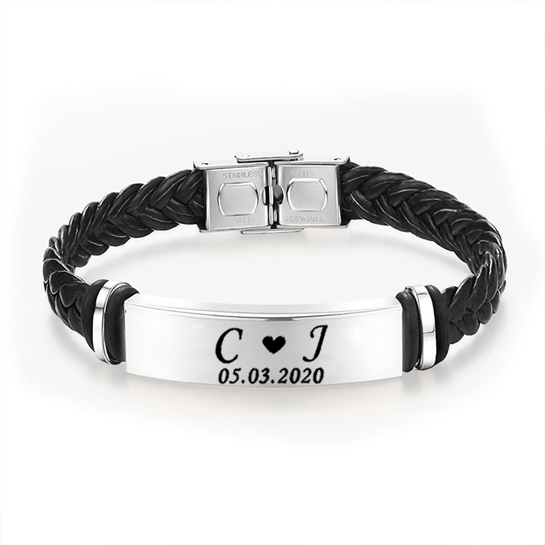 For Husband -  I Love You Until Infinity Runs Out Custom Initials And Date Horizontal Striped Leather Bracelet