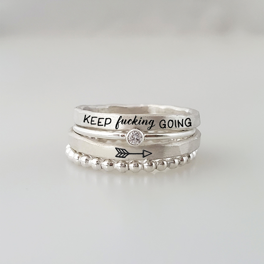 S925 Keep Fu??king Going Stacked Ring - 4 Rings Set