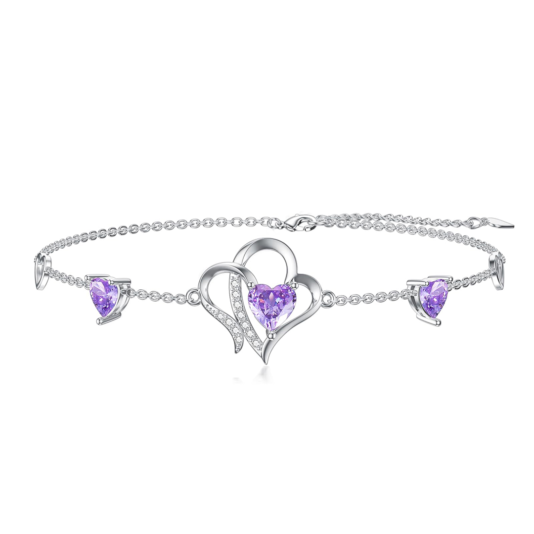 For Granddaughter - S925 Always Keep Me In Your Heart For You Are Always In Mine Amethyst Double Heart Bracelet