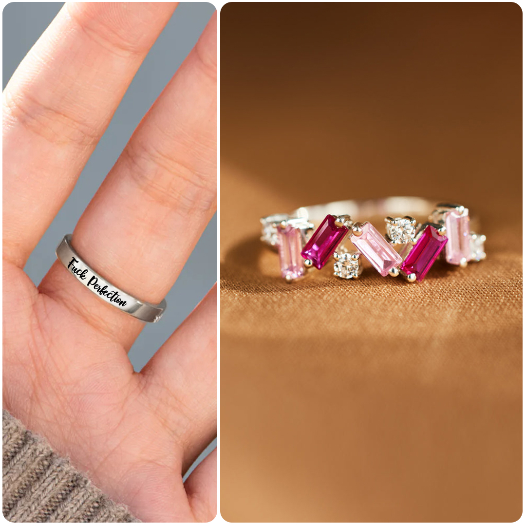Fuck Perfection Engraved Pink Diamond Ring
