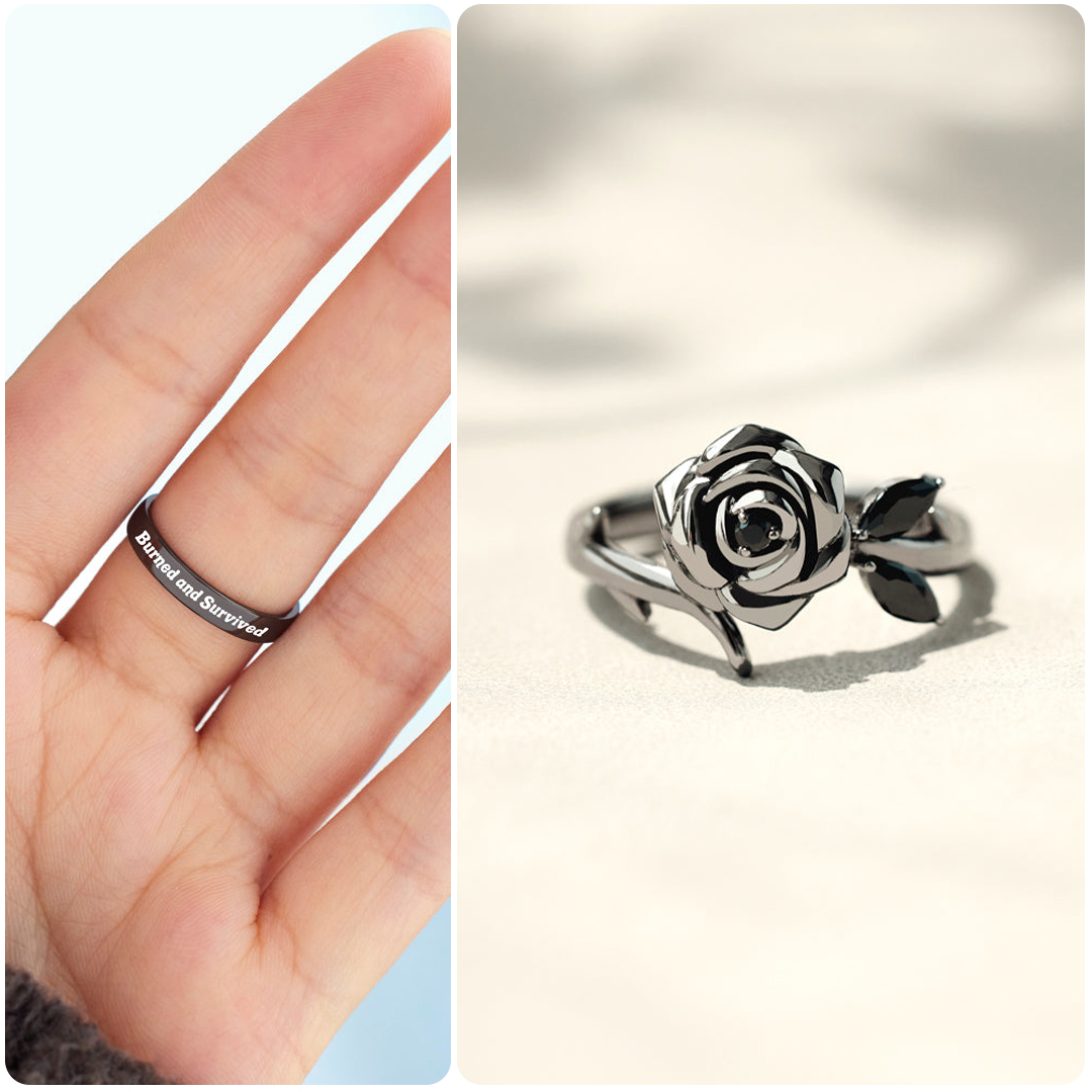 For Daughter-Burned and Survived Engraved Black Rose Ring