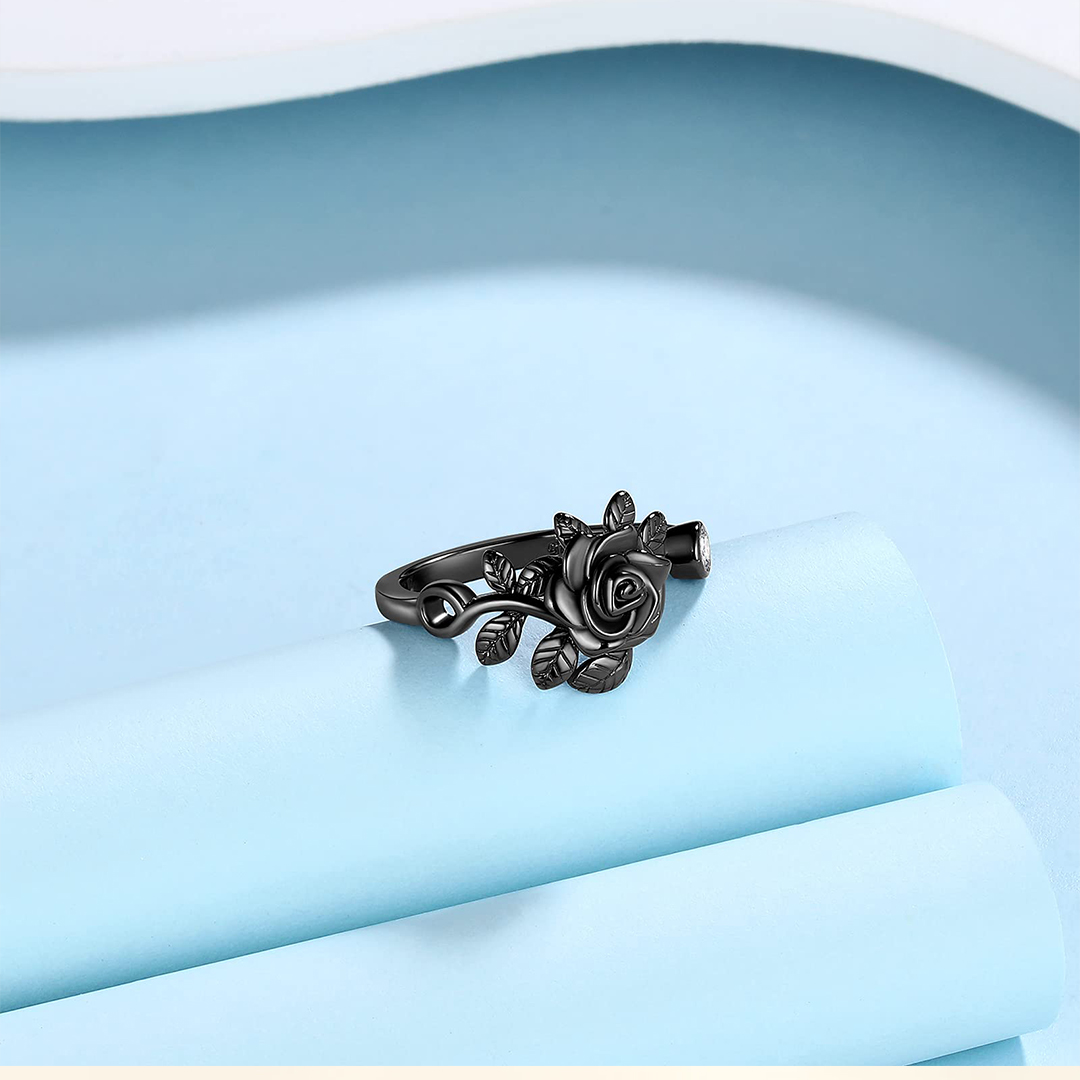 Burned and Survived Engraved Black Rose Open Ring