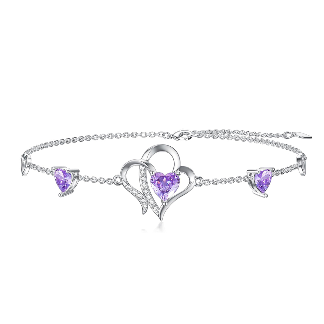 For Granddaughter - S925 Always Keep Me In Your Heart For You Are Always In Mine Amethyst Double Heart Bracelet