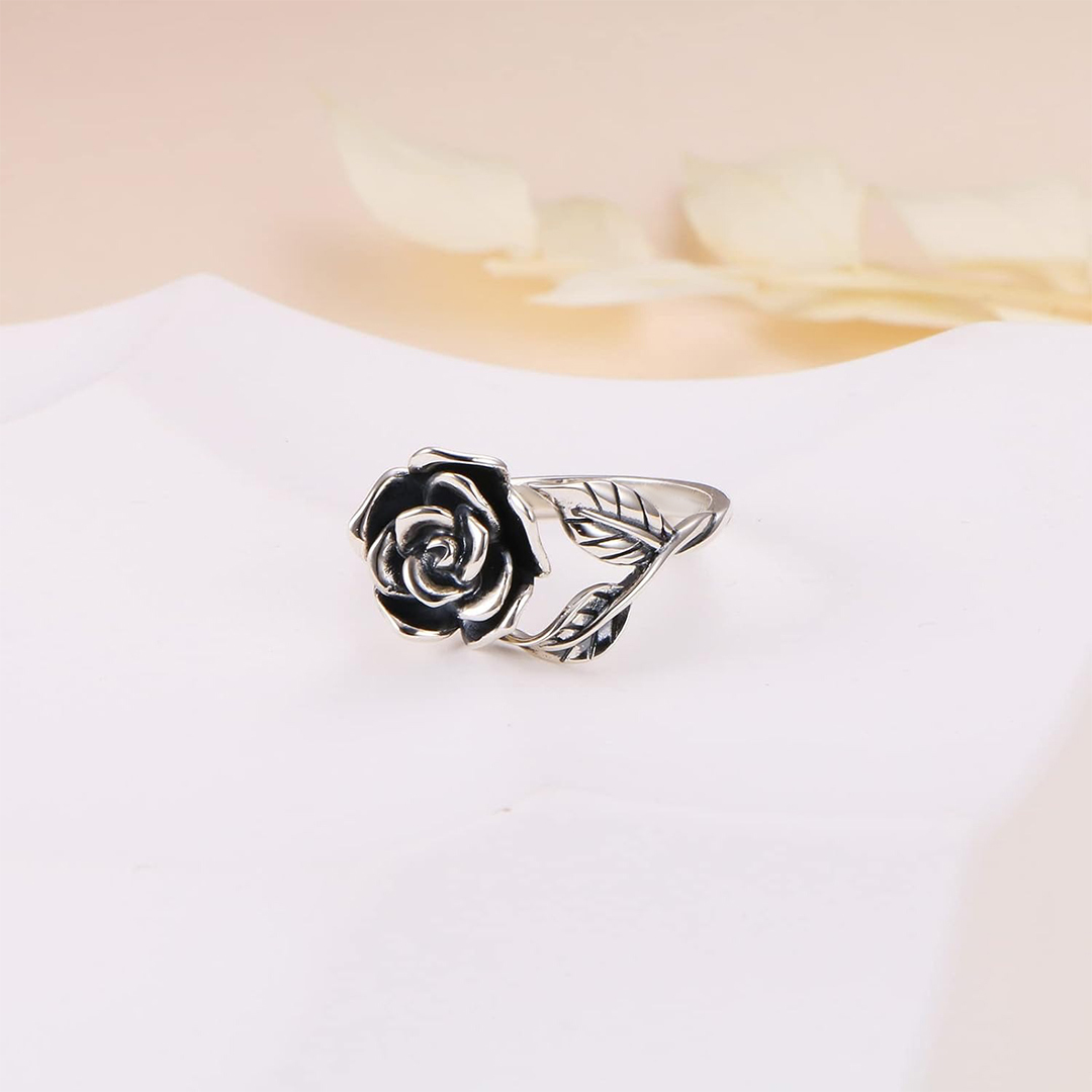 Strong As Fuck Black Rose & Leaf Open Ring