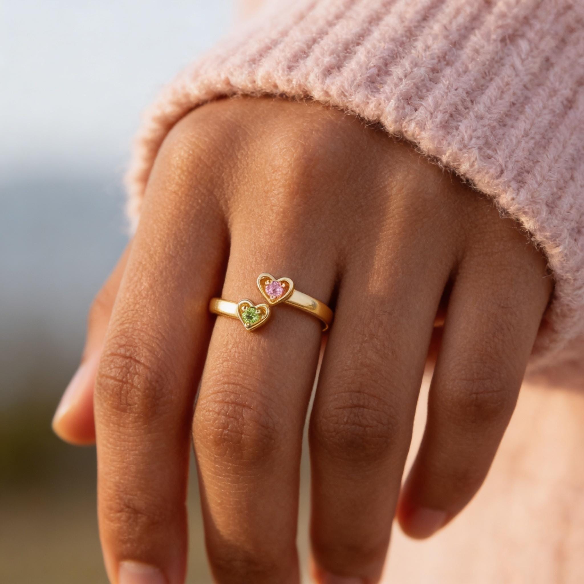 To My Daughter — Personalized Double Heart Birthstone Open Ring