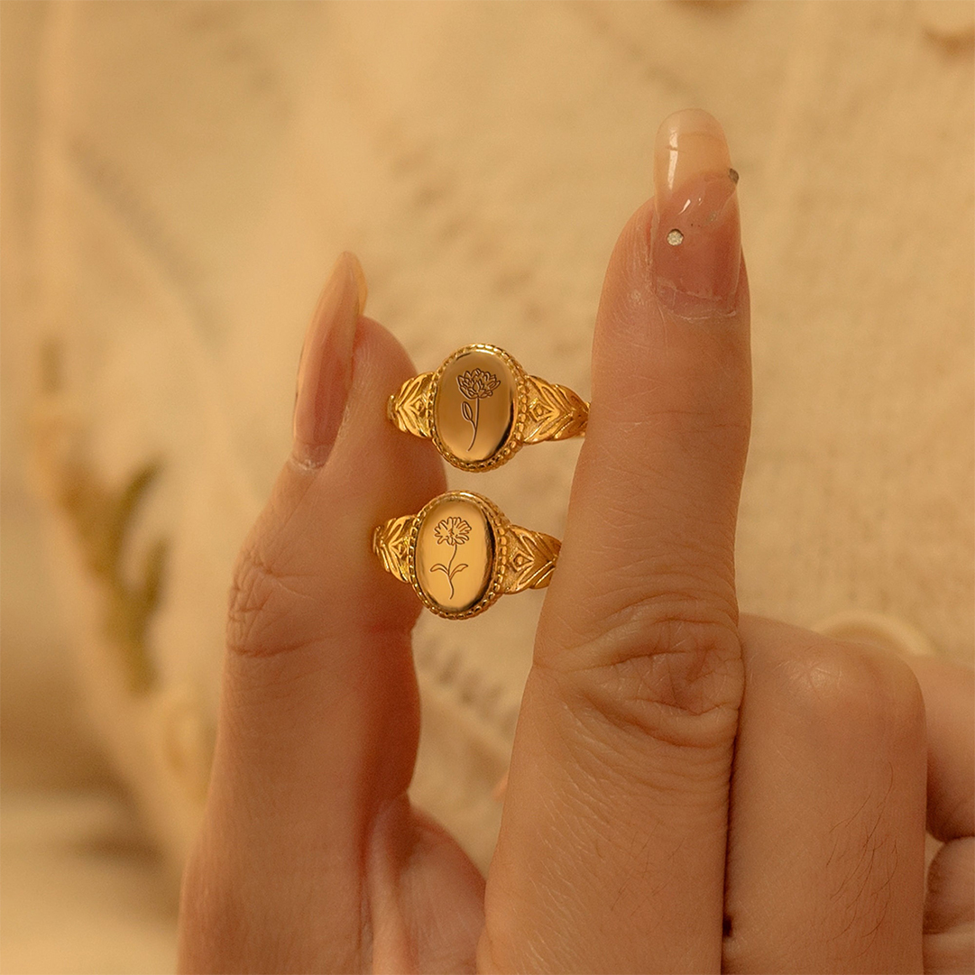 For Mother- Oval Birthday Flower Customized Ring