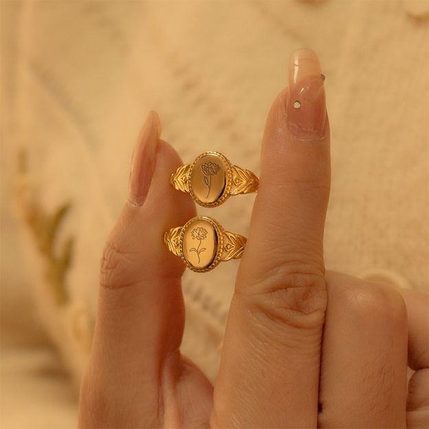 For Mother- Oval Birthday Flower Customized Ring
