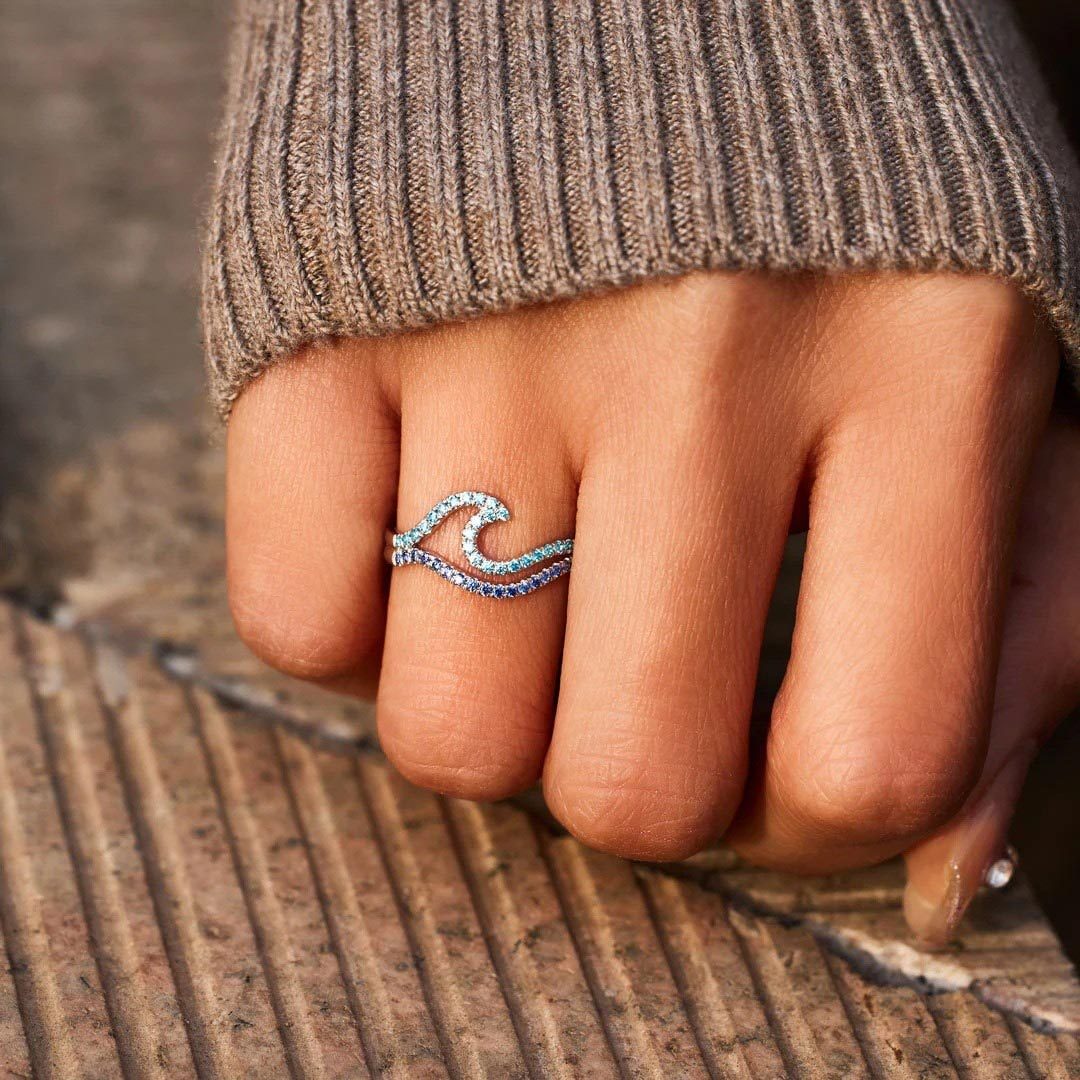 Double Blue Wave Ring-I Will Fall I Will Rise