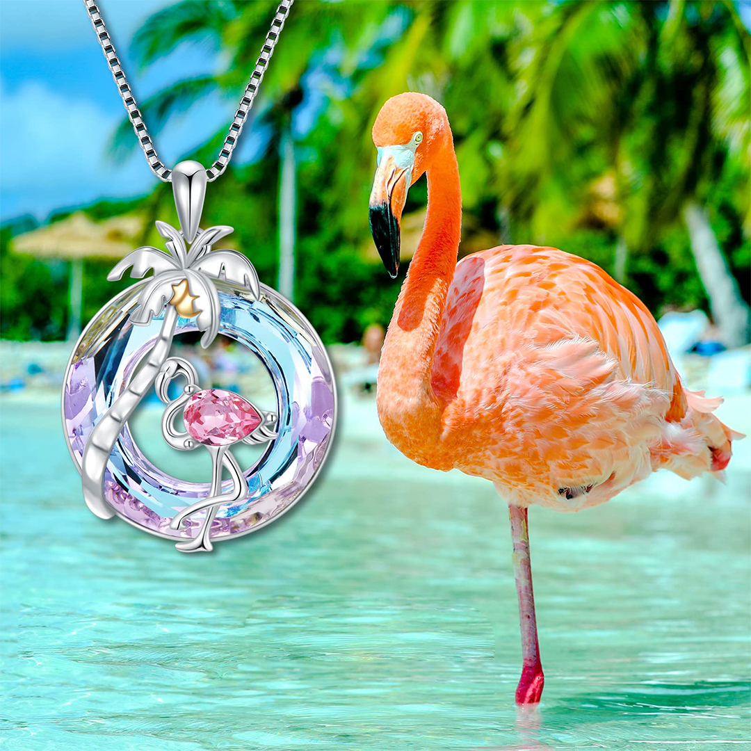 S925 Palm Tree and Flamingo Crystal Necklace