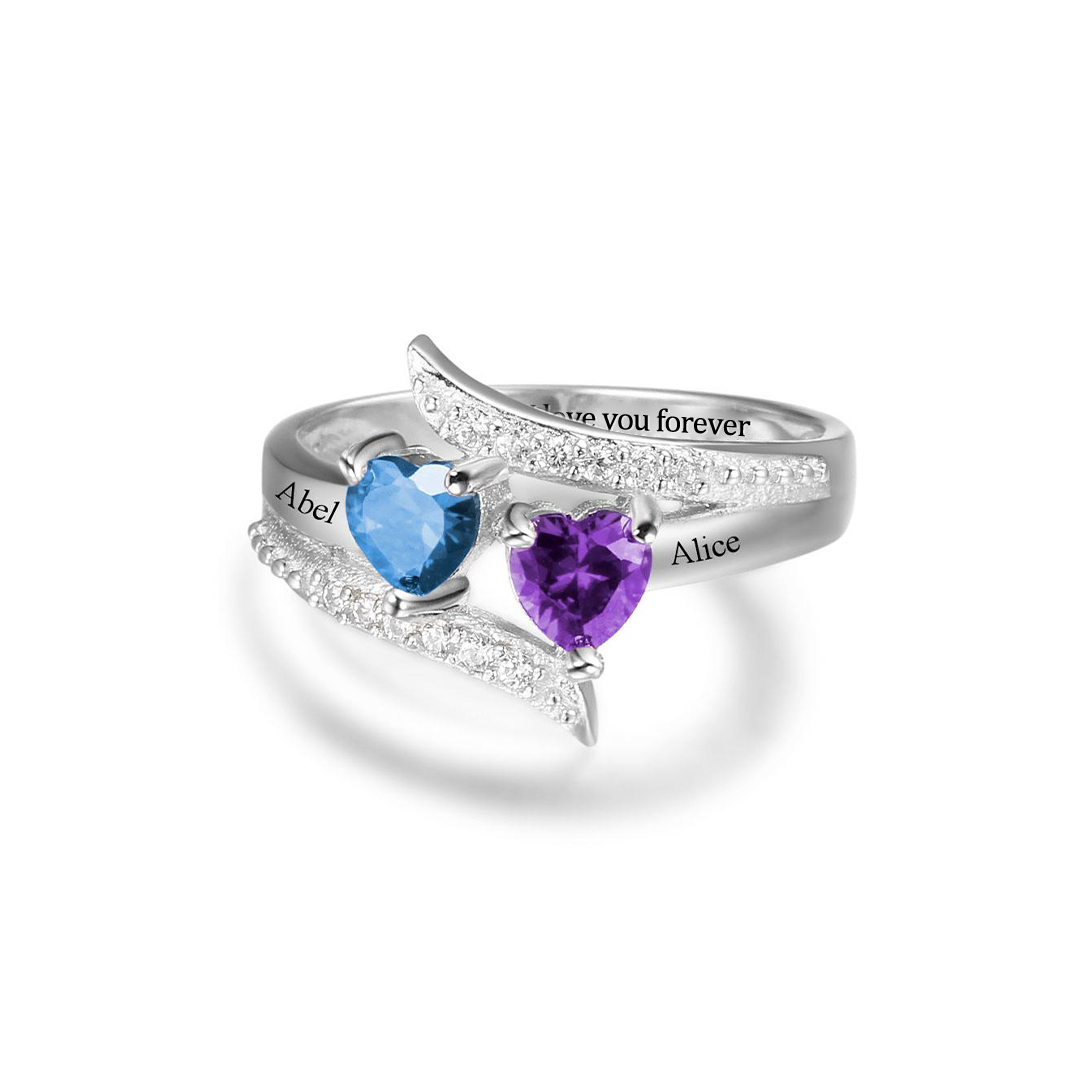 I Love You Forever-Personalized Promise Heart Birthstones Sterling Silver Ring