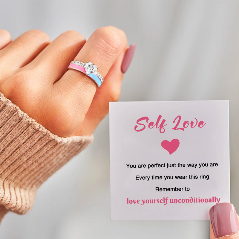 For Self - S925 Love Yourself Unconditionally Pink & Blue Drip Glaze Heart Ring