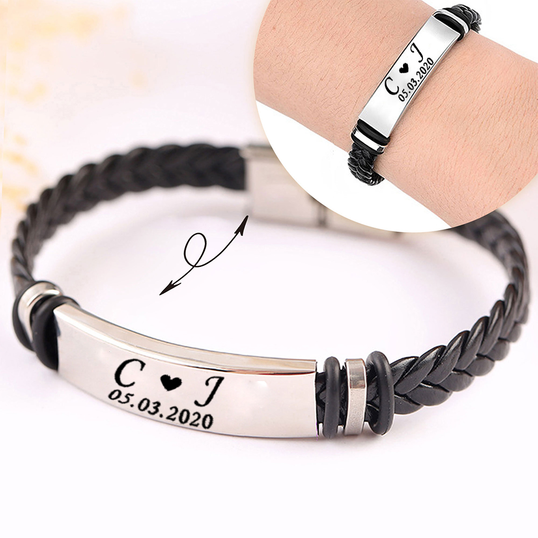 For Husband -  I Love You Until Infinity Runs Out Custom Initials And Date Horizontal Striped Leather Bracelet