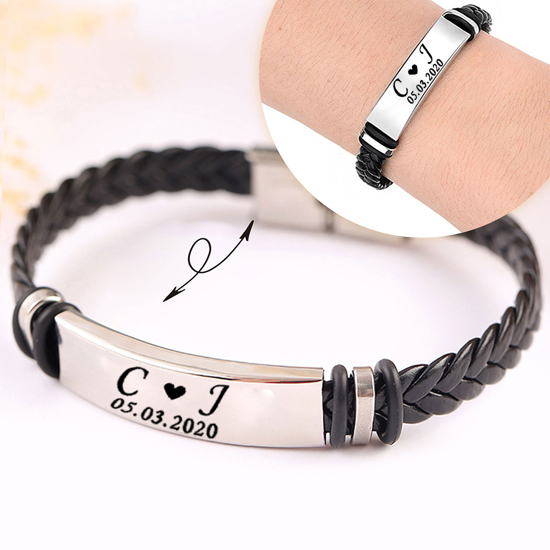 For Husband -  I Love You Until Infinity Runs Out Custom Initials And Date Horizontal Striped Leather Bracelet