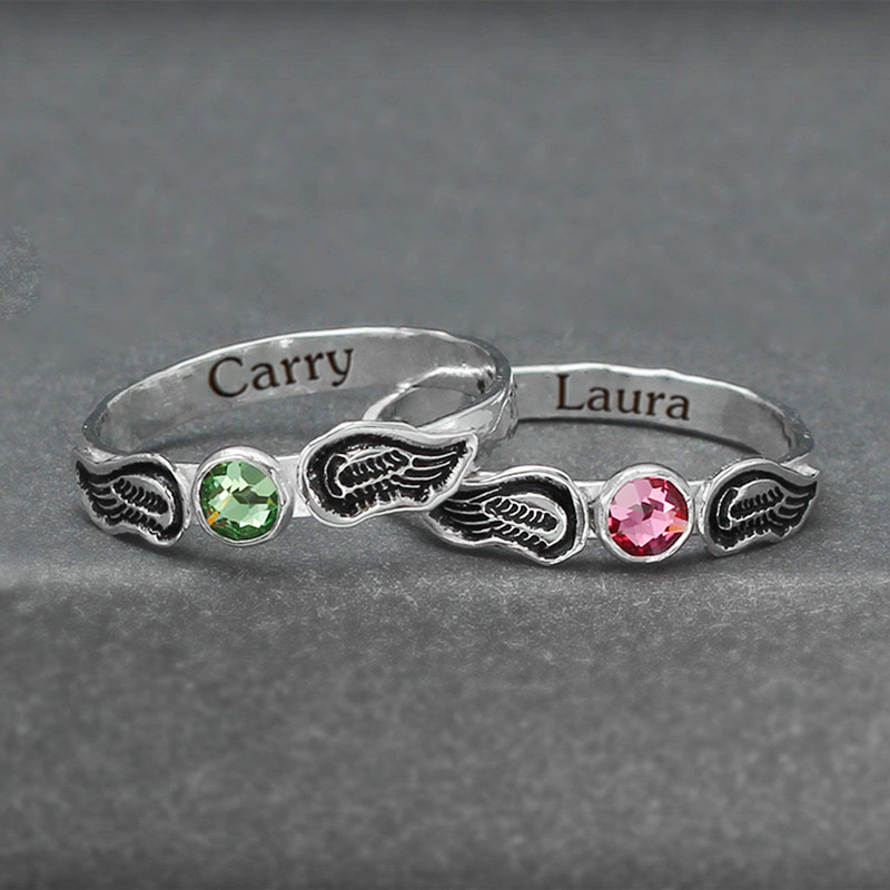 For Memorial - Hand Stamped Angel Wings Name & Birthstone Custom Ring