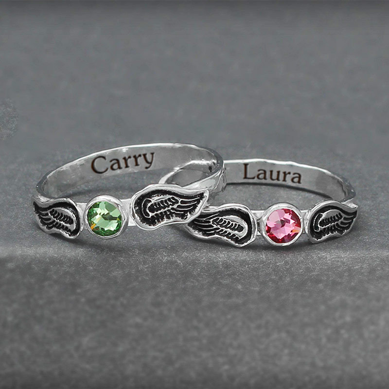 For Memorial - Hand Stamped Angel Wings Name & Birthstone Custom Ring