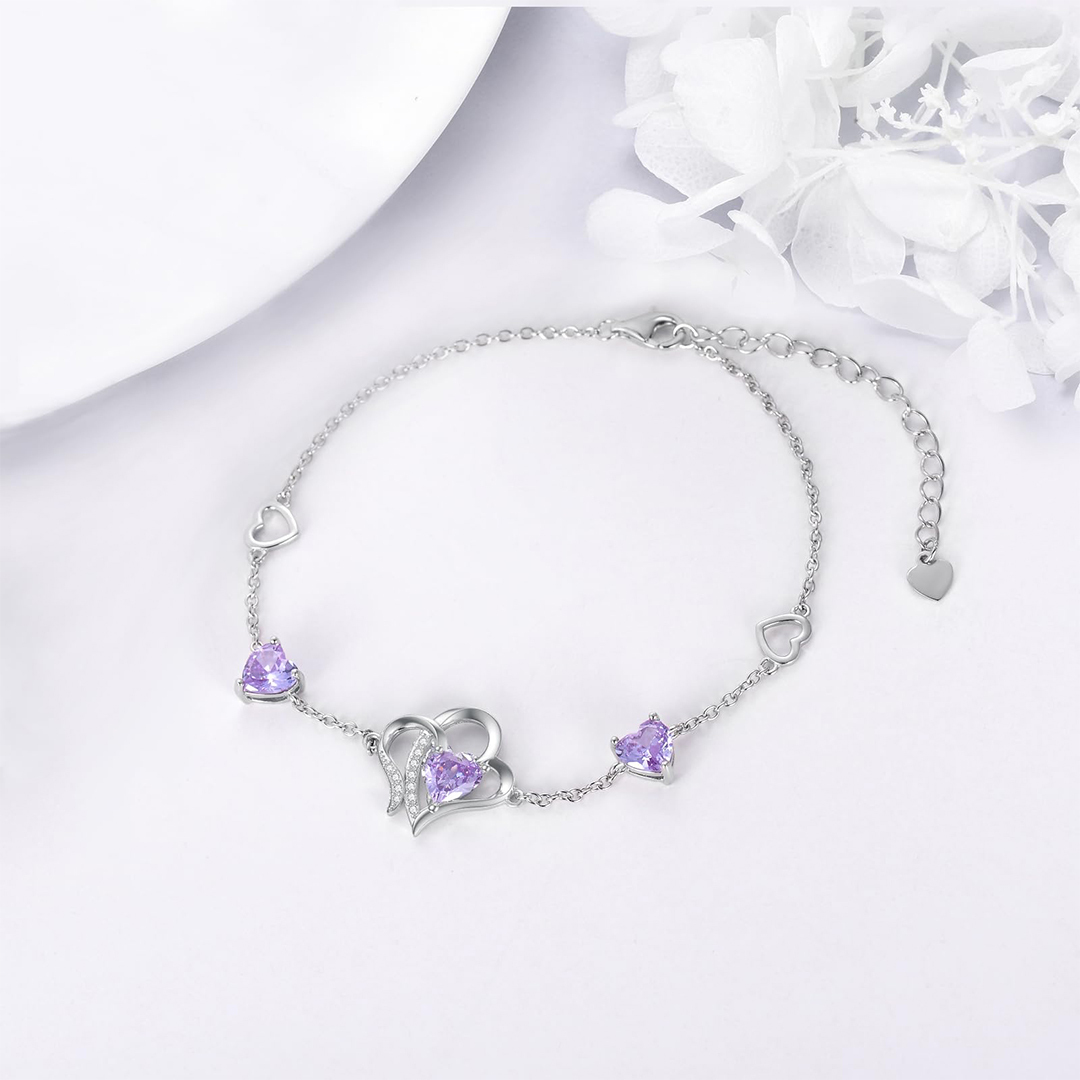 For Granddaughter - S925 Always Keep Me In Your Heart For You Are Always In Mine Amethyst Double Heart Bracelet