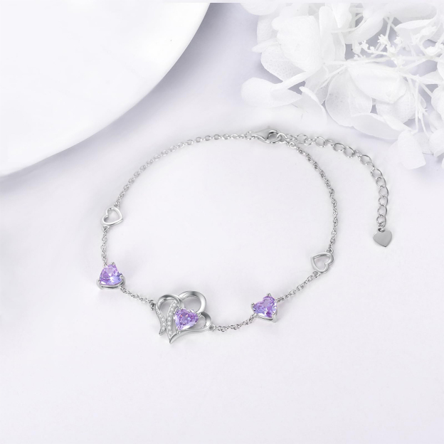 For Granddaughter - S925 Always Keep Me In Your Heart For You Are Always In Mine Amethyst Double Heart Bracelet