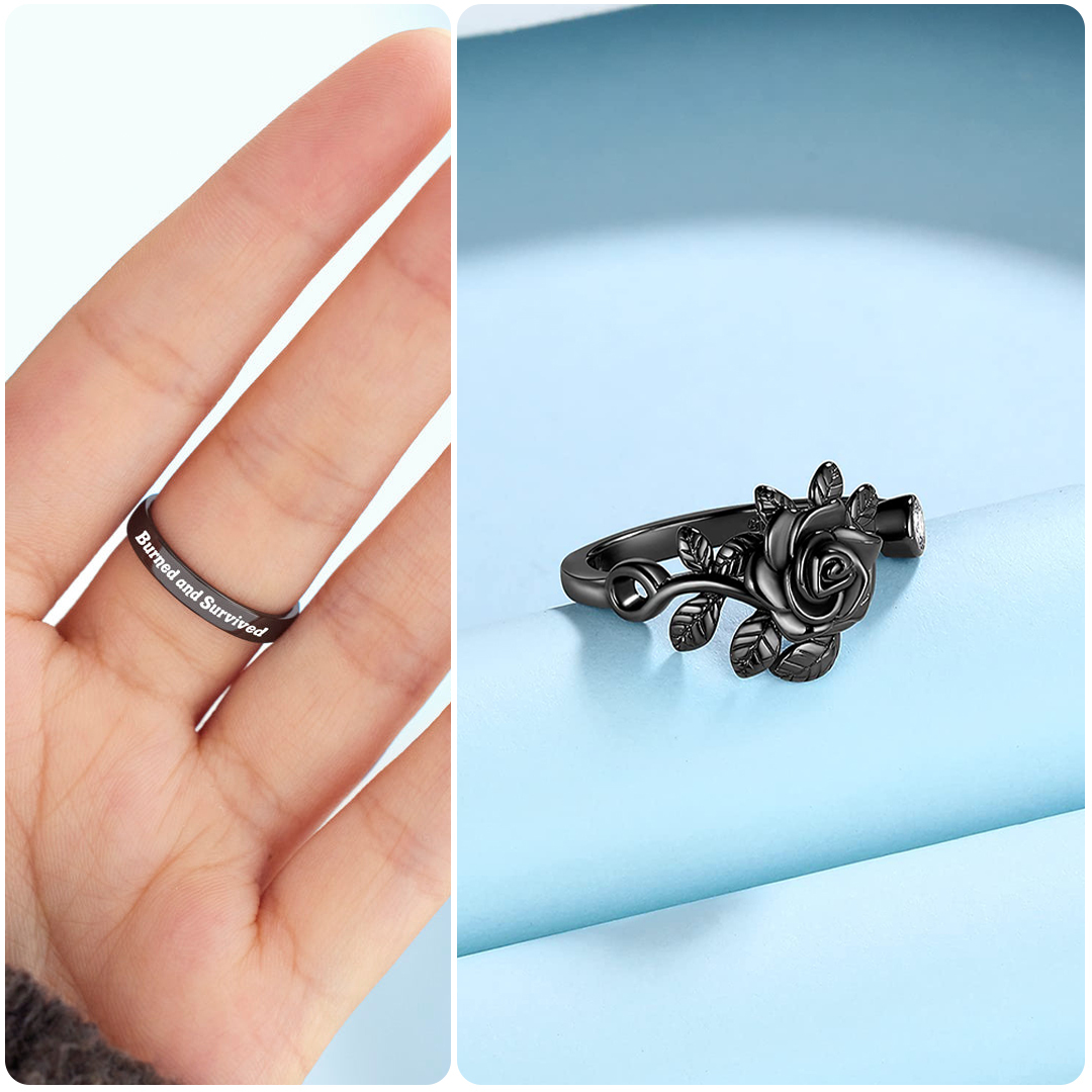 Burned and Survived Engraved Black Rose Open Ring