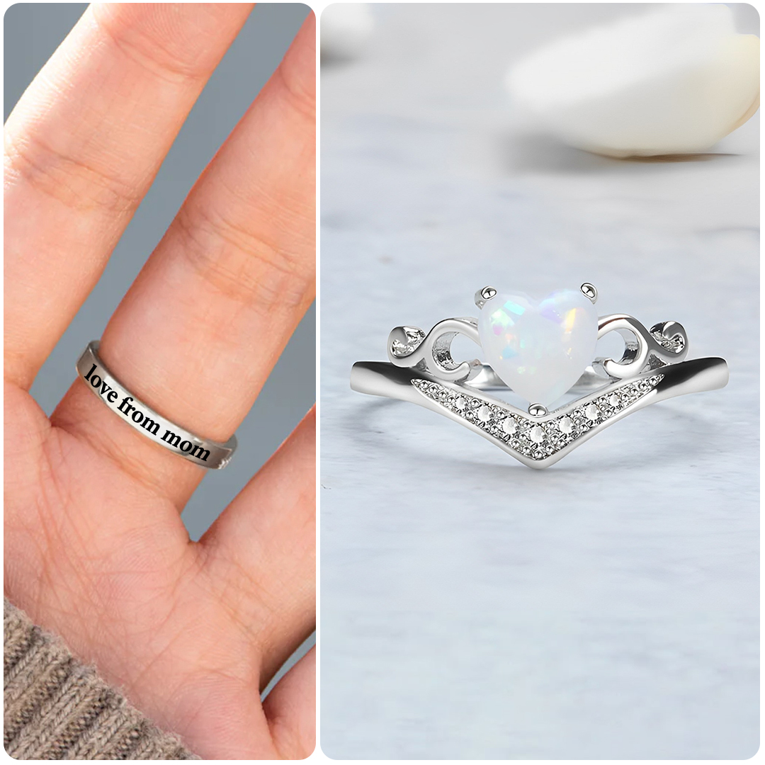 For Daughter - Love From Mom Heart Crown Opal Ring
