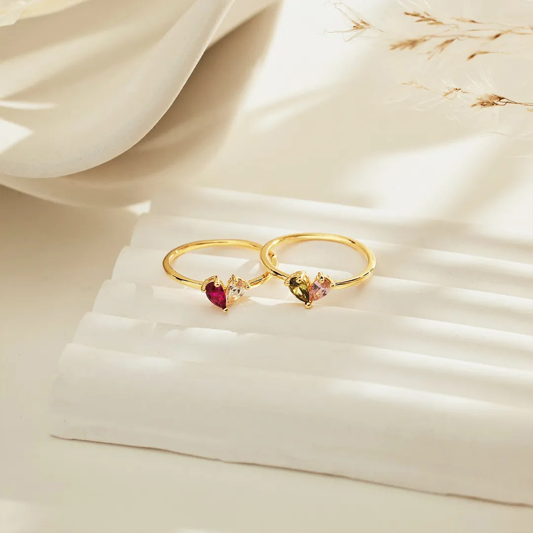 Mother & Daughter Customized Birthstones Heart Ring