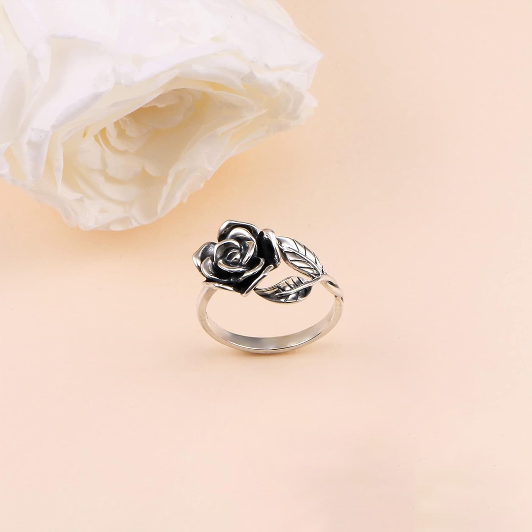Strong As Fuck Black Rose & Leaf Open Ring