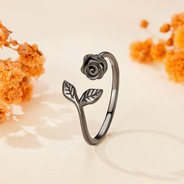 Strong As Fuck Black Rose & Leaf Open Ring