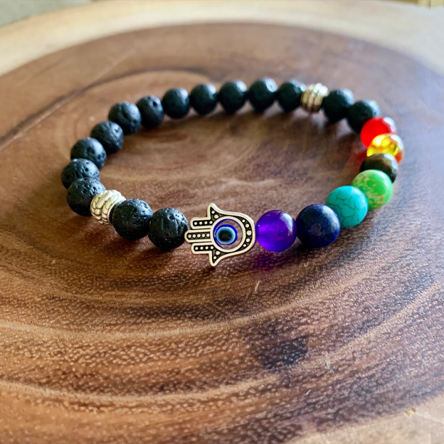Volcanic Lava Bead Evil Eye 7 Chakra Balancing Bracelet
