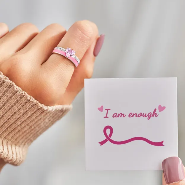 S925 Raise Confidence I Am Enough Pink Enamel Heart Ring