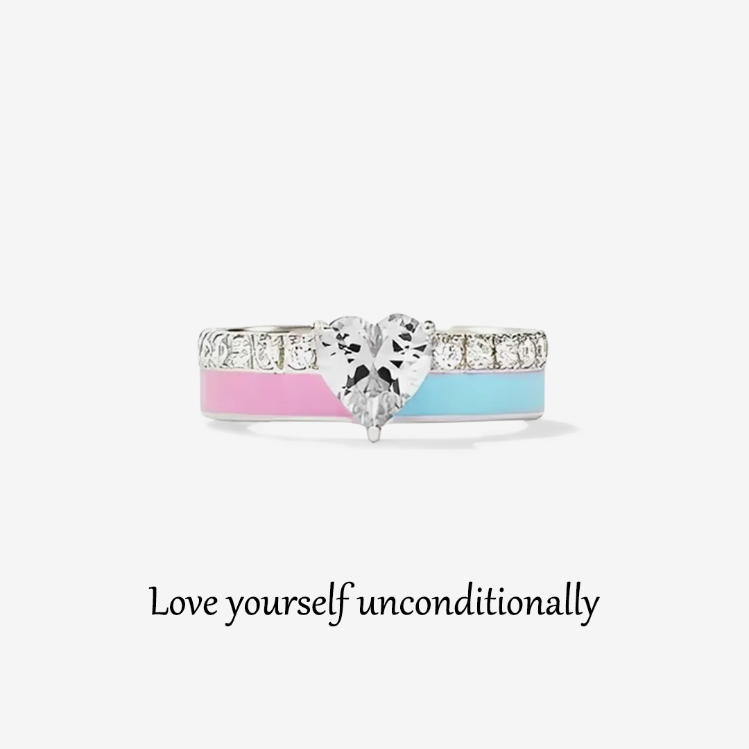 For Self - S925 Love Yourself Unconditionally Pink & Blue Enamel Heart Ring