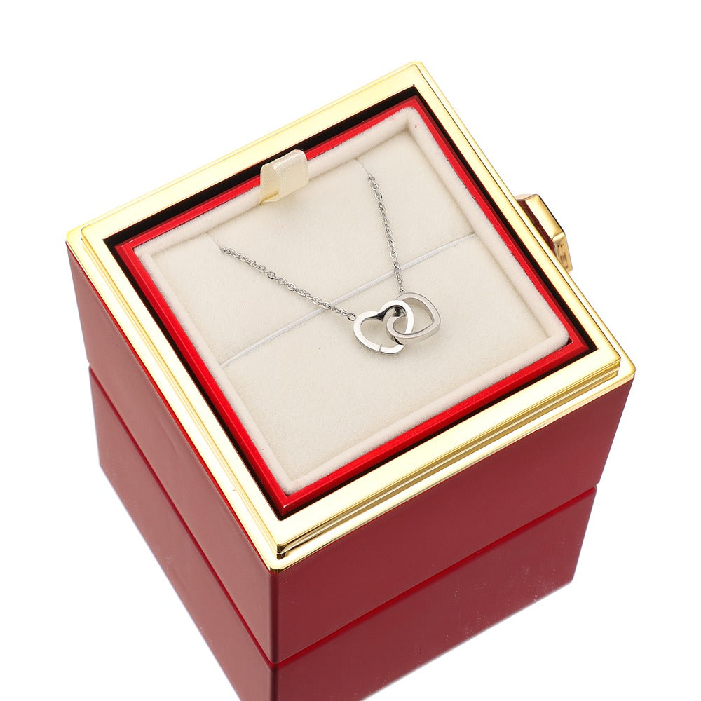 Double Heart Custom Name Necklace with Rotataing Rose Gift Box