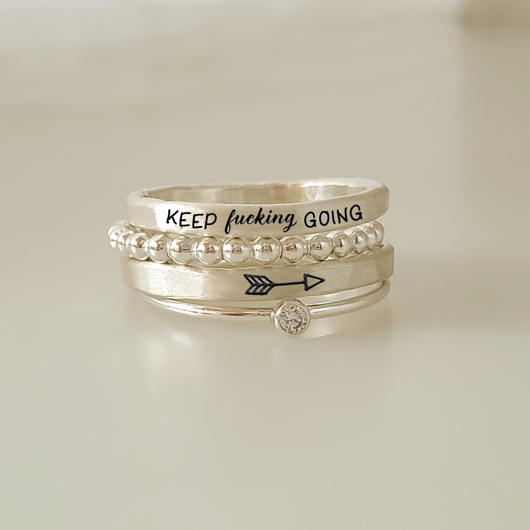 S925 Keep Fu??king Going Stacked Ring - 4 Rings Set