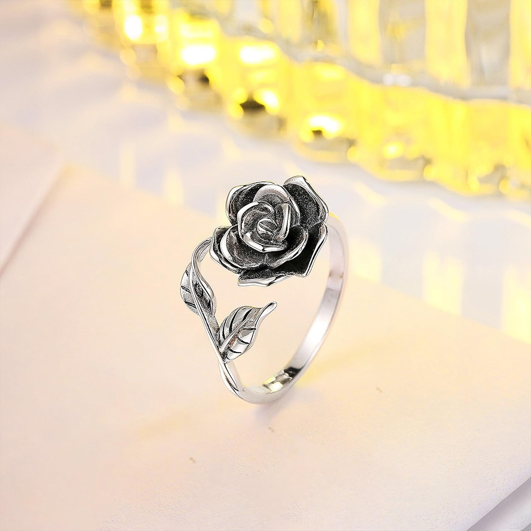 Strong As Fuck Black Rose & Leaf Open Ring