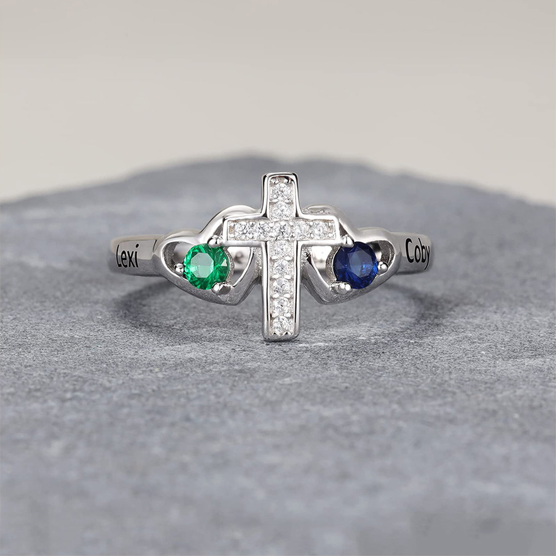 Mother & Daughter Custom Names & Birthstones Cross Ring