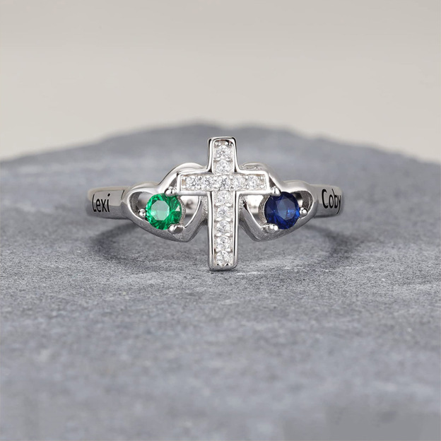 Mother & Daughter Custom Names & Birthstones Cross Ring