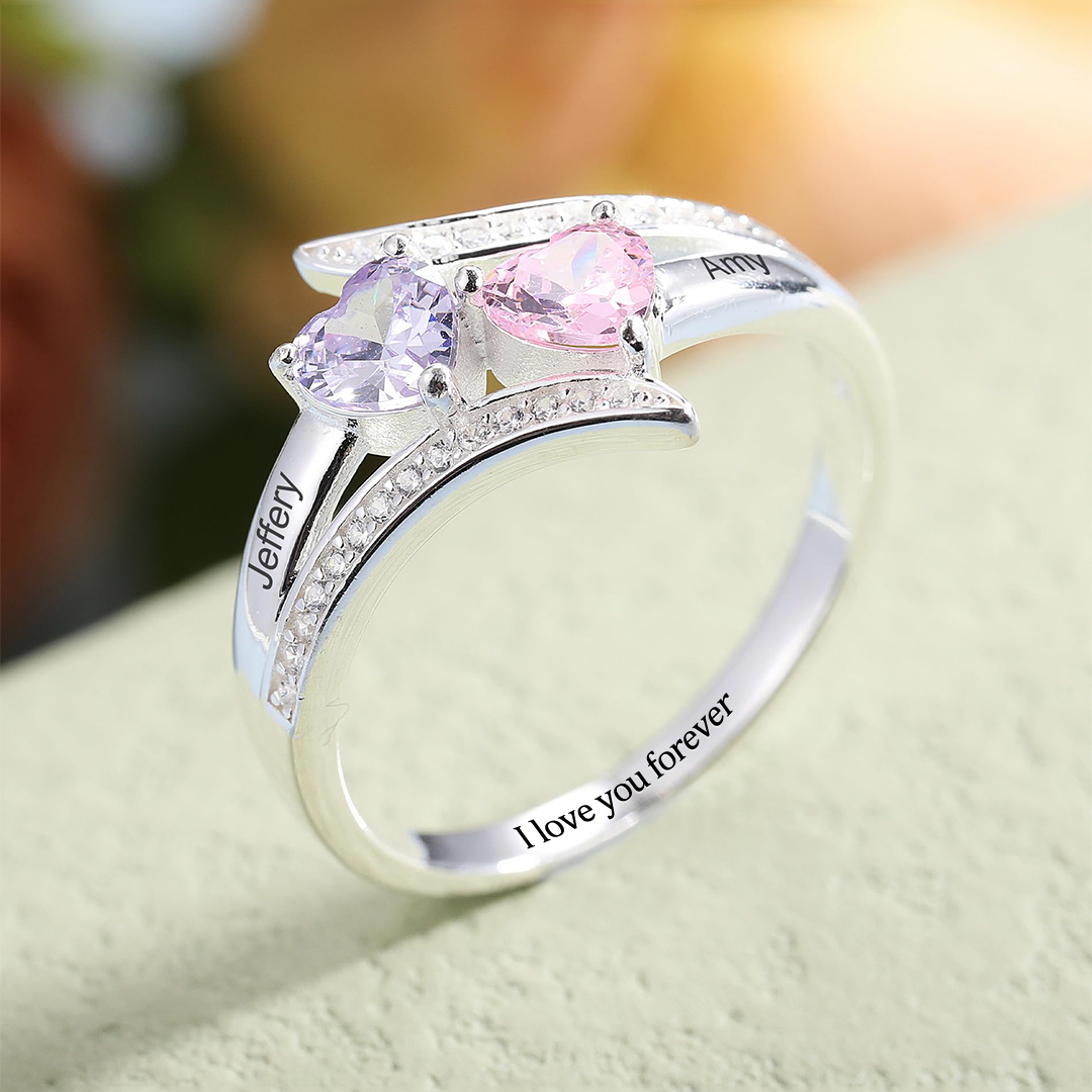 I Love You Forever-Personalized Promise Heart Birthstones Sterling Silver Ring