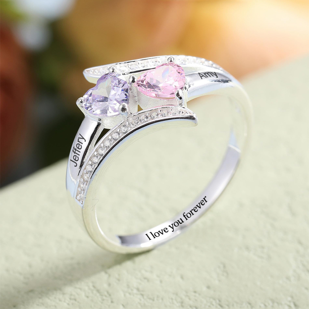 I Love You Forever-Personalized Promise Heart Birthstones Sterling Silver Ring