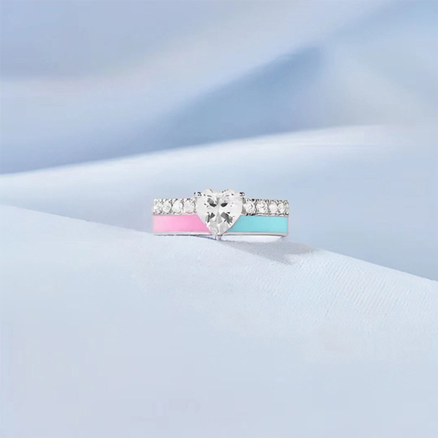 For Self - S925 Love Yourself Unconditionally Pink & Blue Drip Glaze Heart Ring