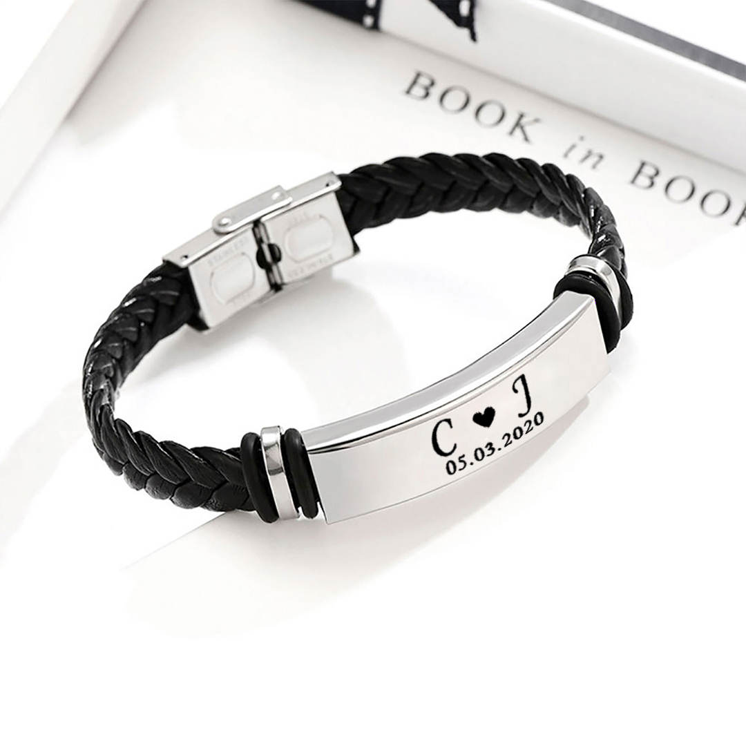 For Husband -  I Love You Until Infinity Runs Out Custom Initials And Date Horizontal Striped Leather Bracelet