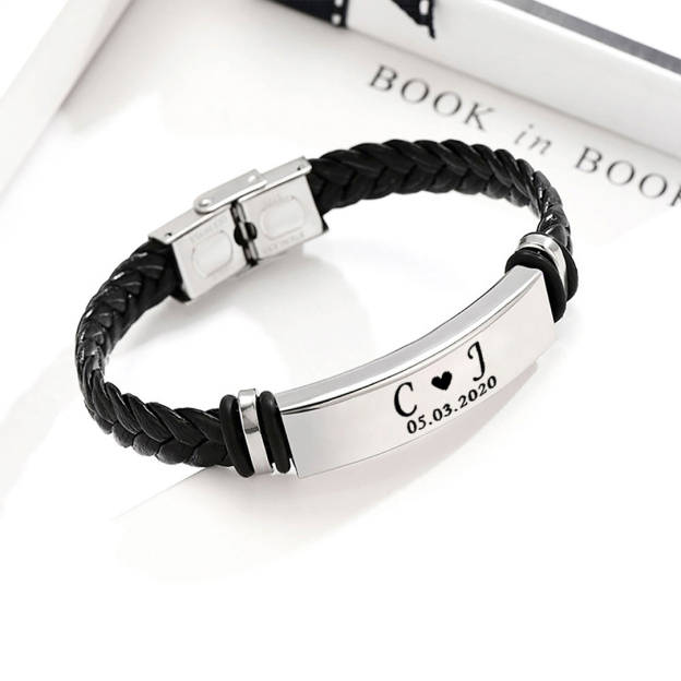 For Husband -  I Love You Until Infinity Runs Out Custom Initials And Date Horizontal Striped Leather Bracelet