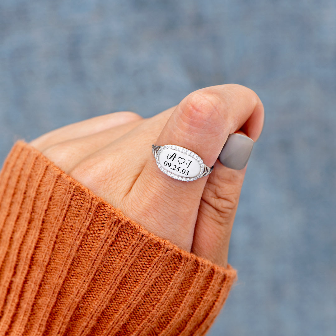 S925 Custom Initials & Special Date Diamond Oval Ring