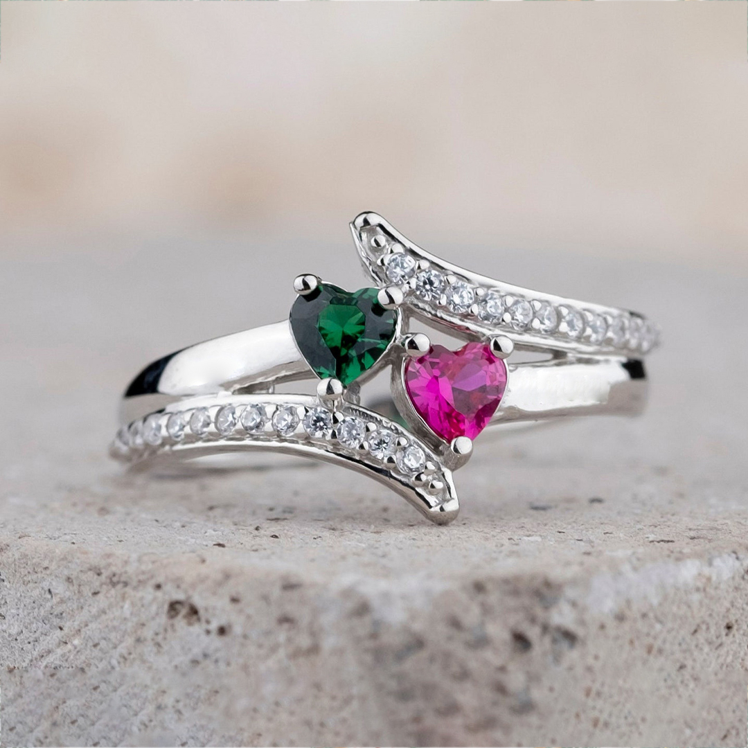 S925 Mother & Daughter Forever Linked Together Custom Birthstone Double-layered Ring