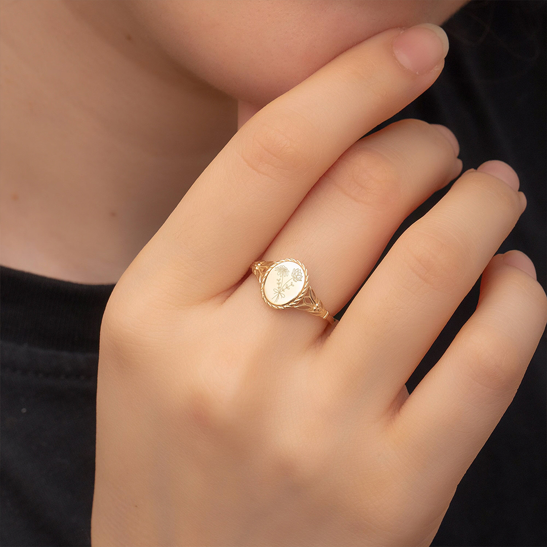 For Mother- Oval Birthday Flower Customized Ring
