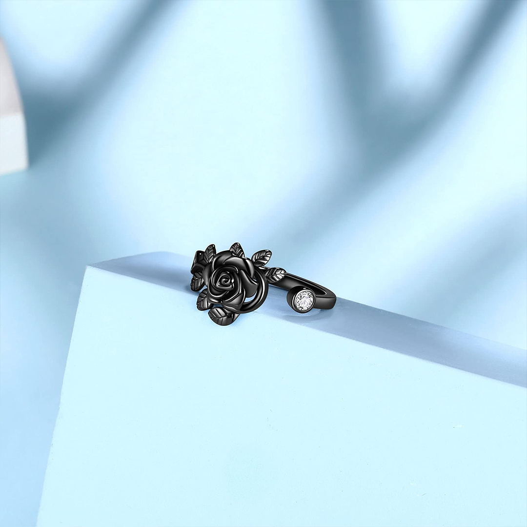 Burned and Survived Engraved Black Rose Open Ring
